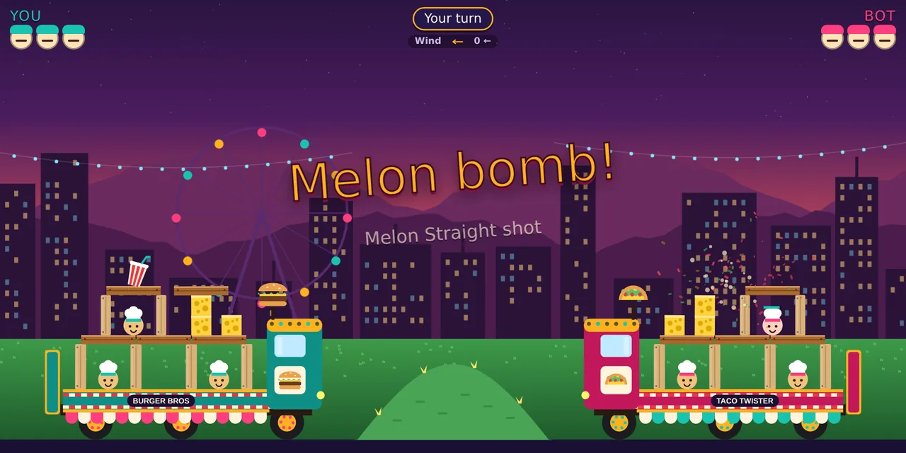 Lunch Siege: a melon explodes on the rival food truck's fort